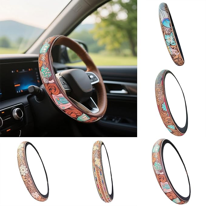 Western Cowboy Steering Wheel Cover - Retro Tooled Leather, Embossed Hand-Painted Design, Universal 15 Inch Anti-Slip Cover for SUV, Truck, Car, Breathable All-Weather, Easy to Install (Style-B)