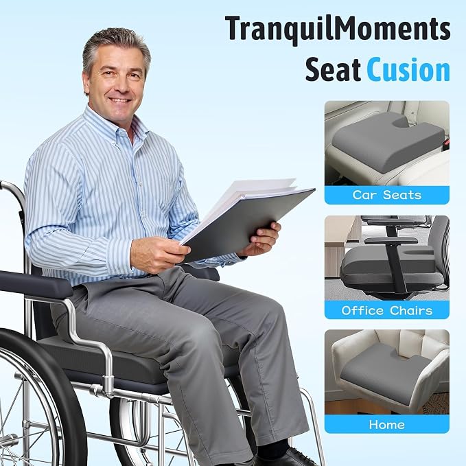TranquilMoments Seat Cushion, Gel Wheelchair Seat Cushion,Ergonomic Chair Cushions for Office Chairs & Car, Relieve Sciatica, Back and Tailbone Pain, Removable Cover & Non - Slip Bottom, Grey