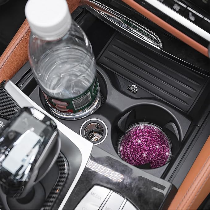 Bling Car Cup Holder Coaster, 2PCS 2.75 Inch Crystal Rhinestone Anti Slip Vehicle Drink Cup Mat for Women Girls, Auto Interior Embedded in Ornaments. Universal for SUV RV Truck (Dark Pink)