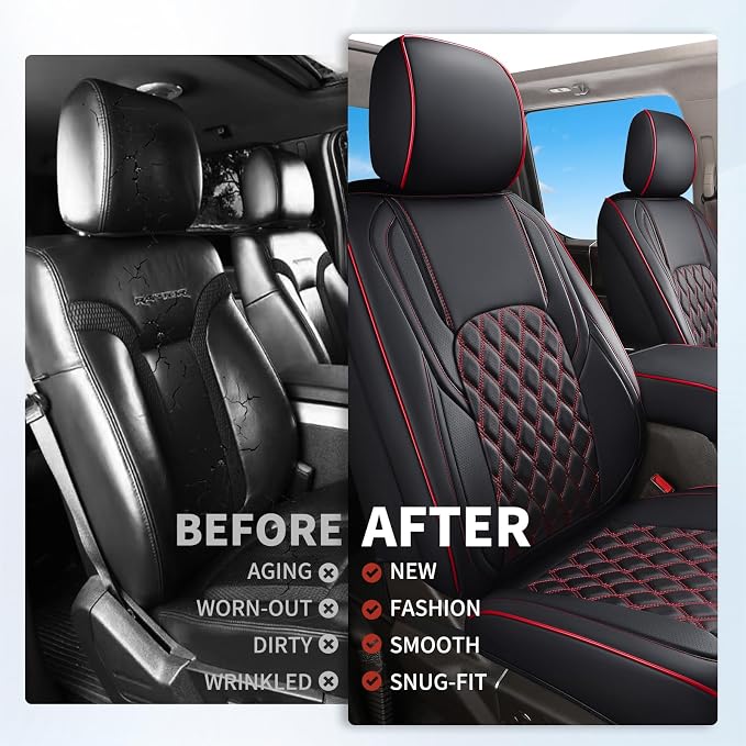 Huidasource Dodge Ram Seat Covers, Front & Rear Pickup Truck Leather Seat Cover Fit for 2009-2018 1500, 2010-2025 2500/3500 Crew Mega Cab, 2019-2025 ram 1500 Classic only(Full Set/Black&Red)