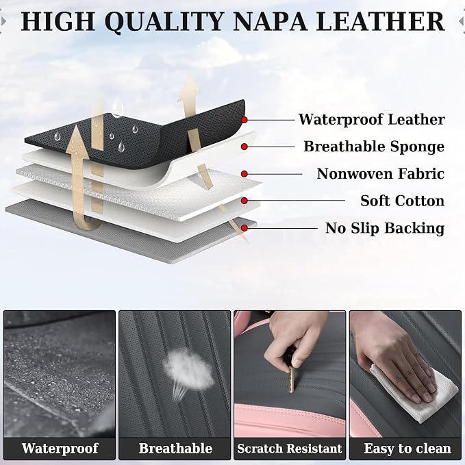 Coverado Car Seat Covers Full Set, Nappa Leather Seat Covers for Cars, Waterproof Car Seat Covers Front Seats and Back, Automotive Car Seat Protector Car Seat Cushion Fit for Most Cars (Pink&Grey)