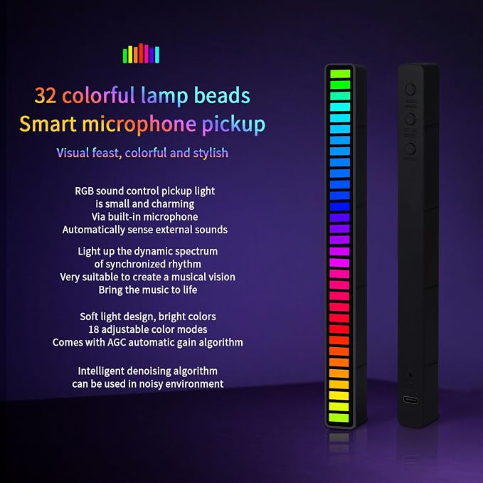 RGB Sound-Activated Music Rhythm Car Ambient LED Strip Light, 2packs | Gaming or Party Atmosphere, Sound-Sensitive Pulsing, Rechargeable Battery, Soft RGB Lighting, Type-C Charging (App)