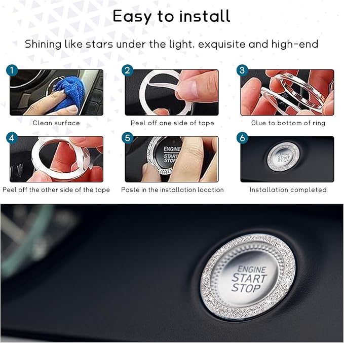 Ziciner 2 Pack Bling Car Cup Holder Coaster, Anti-Slip Auto Insert Coaster with Start Stop Button Cover, Universal Shiny Crystal Vehicle Interior Accessories for Women and Girls (Light Blue)