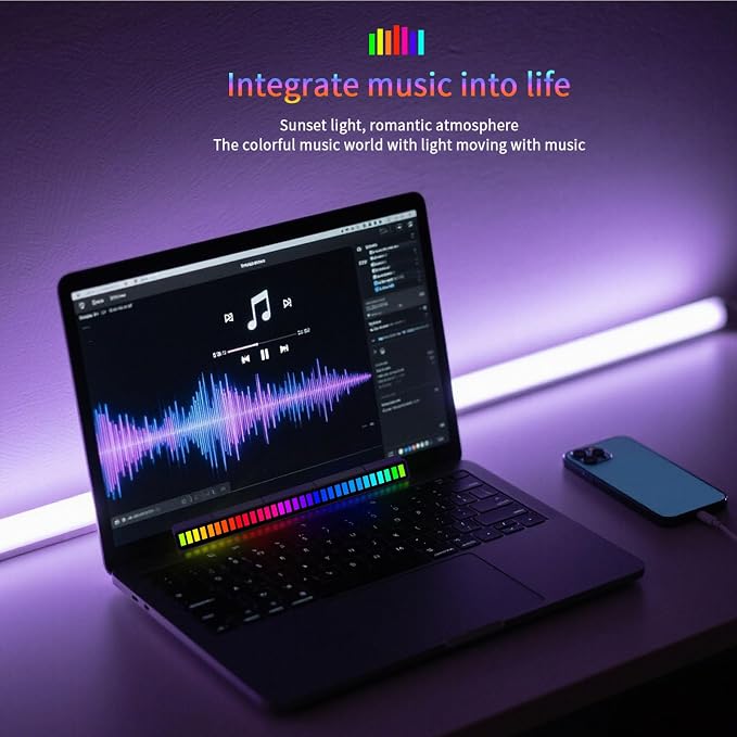 RGB Sound-Activated Music Rhythm Car Ambient LED Strip Light, 2packs | Gaming or Party Atmosphere, Sound-Sensitive Pulsing, Rechargeable Battery, Soft RGB Lighting, Type-C Charging (App)