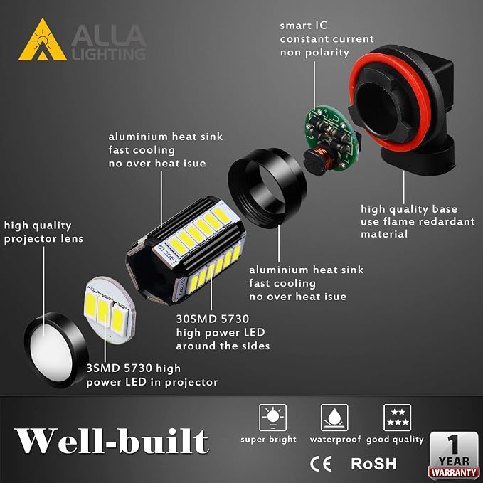 Alla Lighting Super Bright H16 LED Fog Light Bulbs, 6000K Xenon White 2800Lms Auto H8 H11 Auto 12V Fog Lamps Replacement 5730 33-SMD LEDs