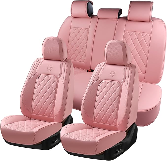 Coverado Car Seat Covers Full Set, Pink Leather Seat Covers for Cars, Universal Waterproof Car Seat Cover, Luxury Front and Back Car Seat Protector, Automotive Seat Covers Fit for Most Cars, Pink