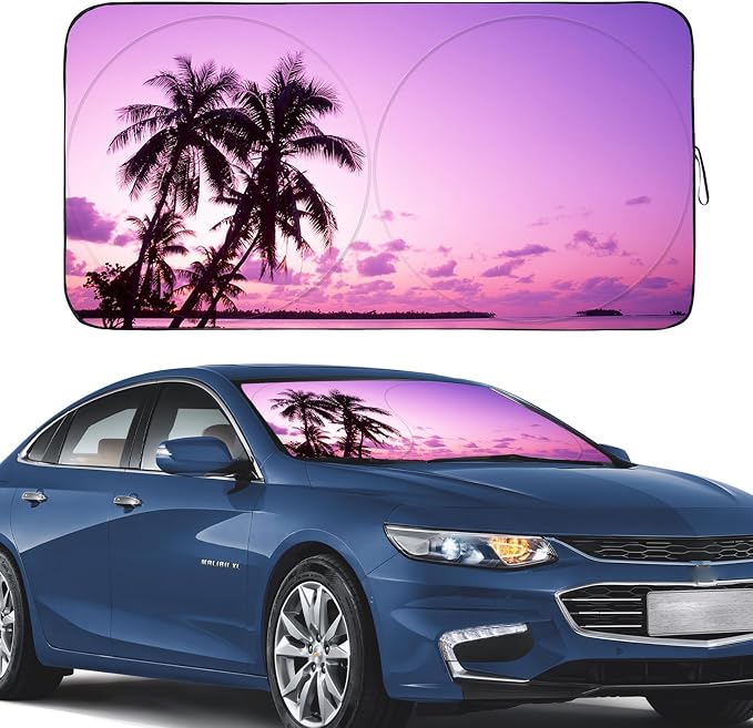 Gven Sunshade for Car Windshield with Tropical Palm Tree Design- UV Protection& Heat Blocking Sunshade for Cars Sedan SUV Truck| Keep Car Cool in Summer Beach Vacation Style (Sunset, L)