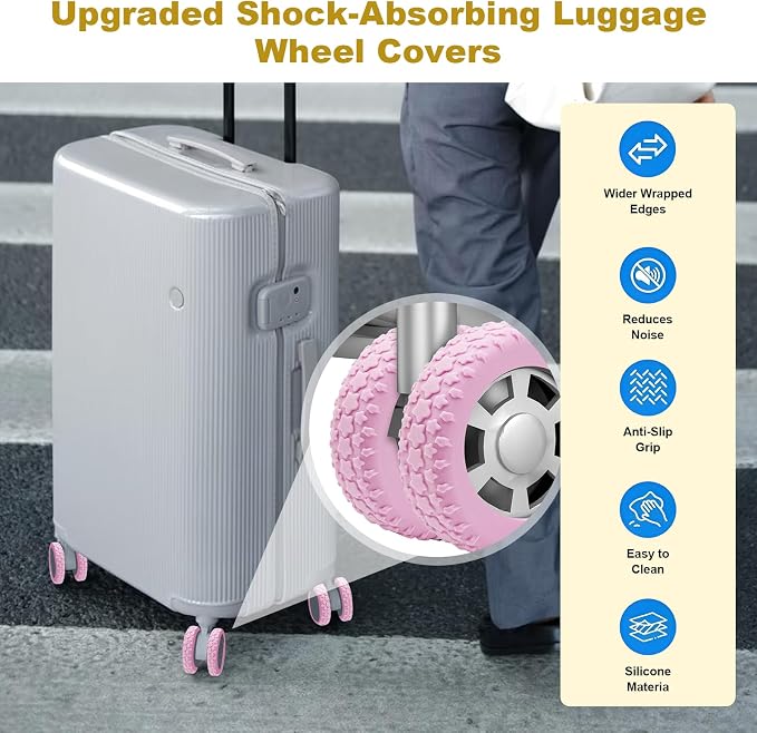 8PCS Silicone Luggage Wheel Covers for 2-2.4" Luggage Wheel Protector,Pink | Protective suitcase wheel sleeves for compatible carry-on luggage, daily travel rolling, and one 4x2 double-wheel suitcase.