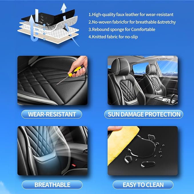 Fit Frontier Car Seat Covers Compatible with Nissan Frontier 2009-2025 2026-Premium Leather,Waterproof,Breathable,Airbag Compatible &All-Weather Seat Cushion Protecto(5 Seats Full Set,Grey)