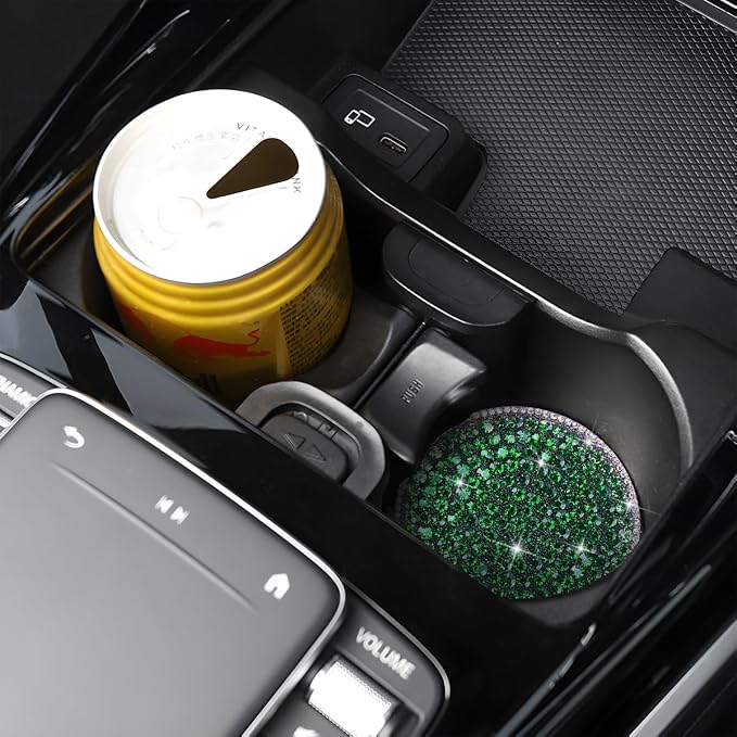 Bling Car Cup Holder Coaster, 2PCS 2.75 Inch Crystal Rhinestone Anti Slip Vehicle Drink Cup Mat for Women Girls, Auto Interior Embedded in Ornaments. Universal for SUV RV Truck (Dark Green)