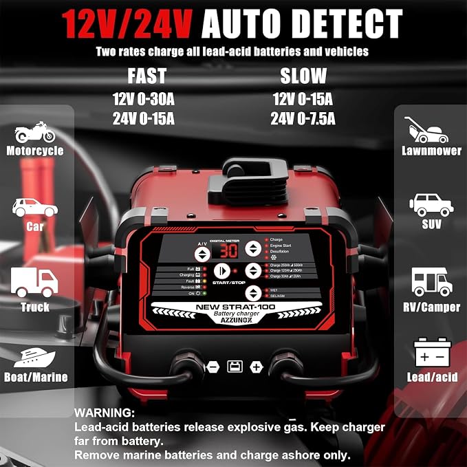 12V 24V Car Battery Charger & Engine Starter, 0-30A Automatic Battery Maintainer, 130 Cranking Amps