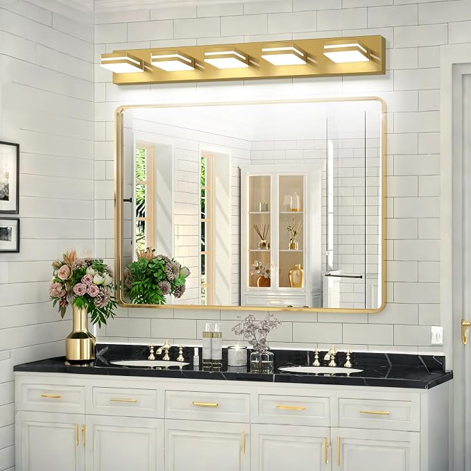 SineRise LED Modern Bathroom Vanity Light Fixtures (5-Light, 40-Inch), Brass Modern Acrylic Bathroom Wall Lighting Fixtures Over Mirror (Cool White 6000K)