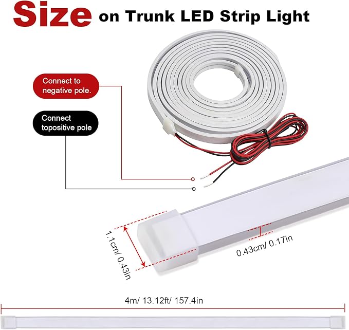Car LED Strip Lights, 4m/13.12ft Waterproof Car Trunk Light Strip, White Color 6000k, Flexible Cutting Silicone, Auto On/Off, Low Voltage 12V LED Strip Lights for Cars