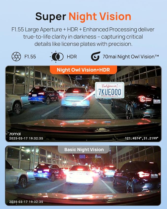70mai Dash Cam Front and Rear - 2.5K+1080P Dual Dash Camera with HDR, Super Night Vision, F1.55 Aperture, 24H Parking Mode, Built-in Wi-Fi & GPS, G-Sensor, Loop Recording, 64GB Card Included (A410)