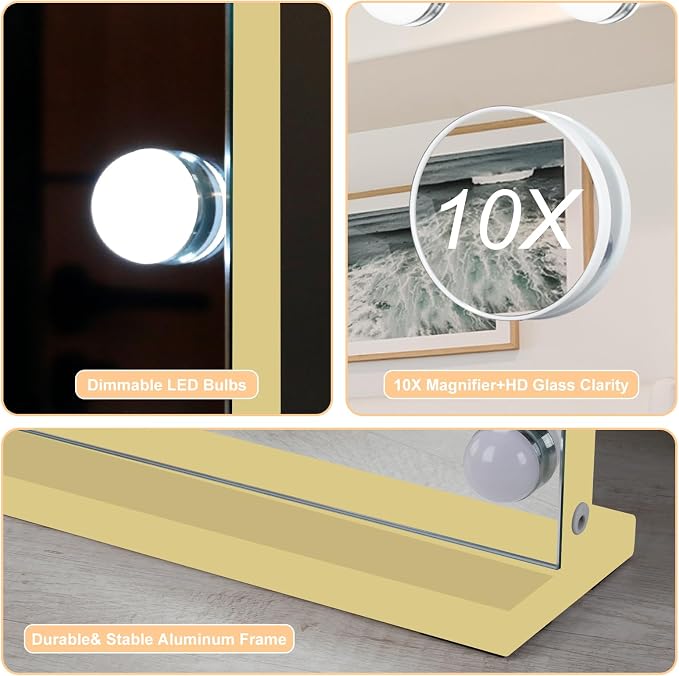 Moonee Vanity Mirror with Lights, Gold Hollywood Lighted Makeup Mirror with 18 Dimmable Bulbs and 10X Magnification, 3 Colors Modes, Aluminum Metal Frame, Light Up Mirror for Tabletop/Wall(32" x 24")