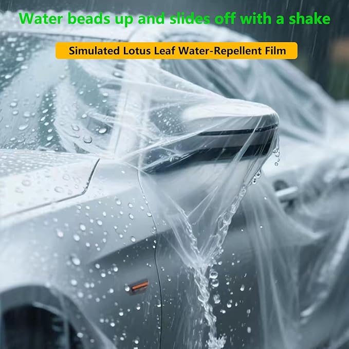 Car Essential Universal Disposable Clear Plastic Car Cover Suitable for SUV Sedan (Membrane Size:11.8ft x 21ft) with Elastic Band for Outdoor Snow Rain Weather,Individually Packaged, Super Convenient