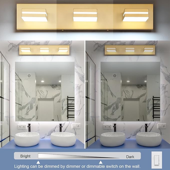 SineRise LED Modern Bathroom Vanity Light Fixtures (3-Light, 24-Inch, Dimmable), Matte Gold Modern Acrylic Bathroom Wall Lighting Fixtures Over Mirror (Cool White 6000K)