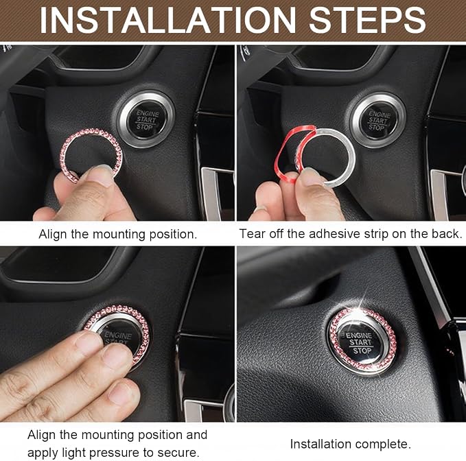 Bling Car Engine Start Ring Decals, 2PCS Sparkling Crystal Rhinestone Vehicle Push to Start Button Sticker, Diamond Auto Key Ignition Knob Decorative Ring, Universal for Vehicles (Peach Pink)