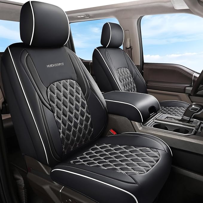 Huidasource Dodge Ram Seat Covers, Front & Rear Pickup Truck Leather Seat Cover Fit for 2009-2018 RAM 1500, 2010-2025 2500/3500 Crew Mega Cab, 2019-2025 RAM 1500 Classic only (Full Set/Black&White)