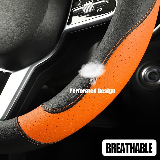 Black Orange Breathable Microfiber Leather Steering Wheel Cover | Breathable Anti Slip Grip Cool Sporty Look Glow for Women Men