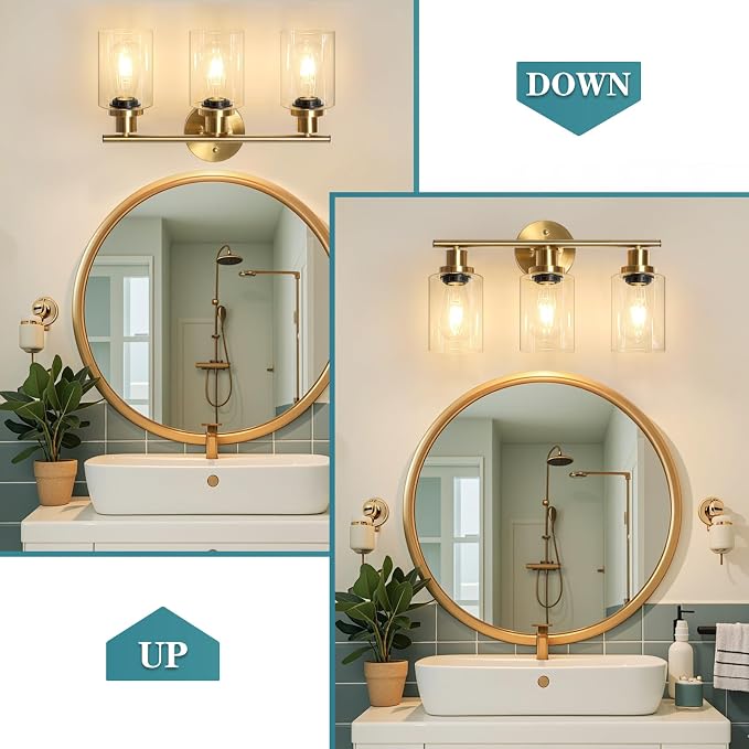 Unicozin Modern Bathroom Light Fixtures, 3 Light Vanity Lights, Gold Wall Lamp with Clear Glass for Bathroom, Mirror, Living Room, Bedroom, Hallway, E26 Base