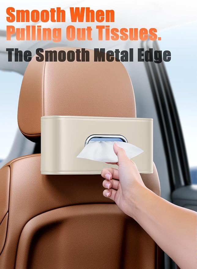 Car Tissue Holder, Car Kleenex Holder Backseat Fits 100-160 Count | Premium PU Leather,Keep Tidy,Universal,Large tissue box,Backseat Car Napkin Holder,Tissues Dispenser for Car,Beige