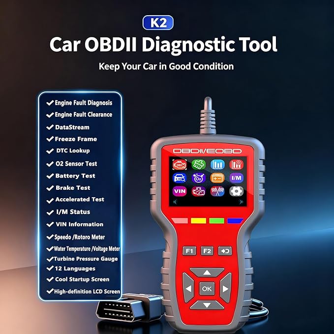 OBD2 Scanner and Battery Tester 2-in-1,Read and Clear Error Codes | Live Data, Freeze Frame,Car Code Reader and Engine Fault Diagnostic Tool for 1996+ OBDII Protocol Cars,red