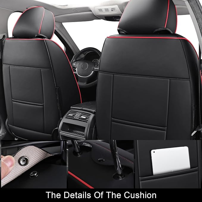 Aierxuan Leather Car Seat Covers 360° Coverage Full Set, Black-Red | Protector Universal Fit Ford Focus Hyundai Elantra Honda Civic Toyota Corolla Nissan Murano Altima Rogue