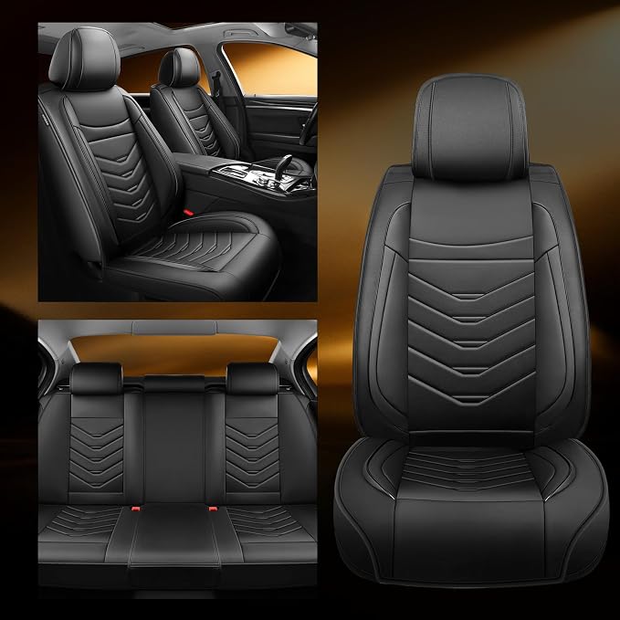 Fit Leaf Car Seat Covers Compatible with Nissan Leaf 2011-2025 2026.Full Coverage Waterproof Leather,Compatible with Airbag,All - Weather Seat Cushion Protector(Full Set, Black)