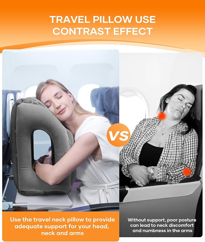 Sunany Travel Pillow, Upgraded Plane Pillow for Long Flights, Inflatable Neck Pillow Used for Airplanes,Cars,Buses,Trains,Office Napping with Eye Mask,Earplugs (Gray)