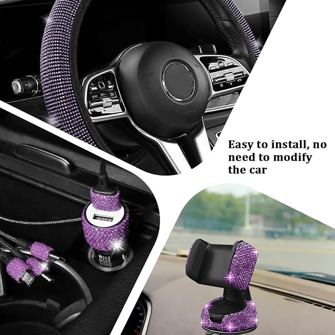 27PCS Bling Car Accessories Set for Women, 14.5-15" Crystal Rhinstone Steering Wheel Cover, License Plate Frame, USB Charger Phone Holder, Girly Auto Interior Decor Set, Universal Fit (Purple)