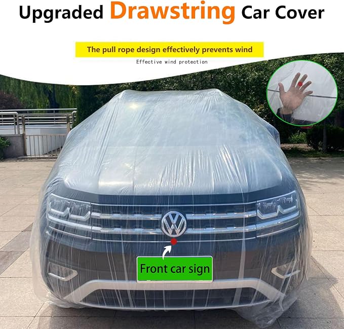 Car Essential Universal Disposable Clear Plastic Car Cover Suitable for SUV Sedan (Membrane Size:11.8ft x 21ft) with Elastic Band for Outdoor Snow Rain Weather,Individually Packaged, Super Convenient