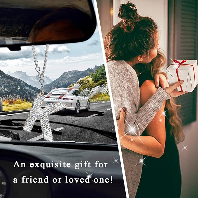 DXNQ Bling Initial Car Rear View Mirror Ornament, Crystal Sparkling Cute Letter Charm Pendant Auto Decor, Hanging Lucky Diamond Initial Charm Car Mirror Bag Ornament for Girl Women (Letter K)