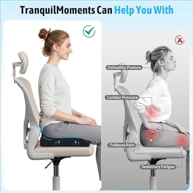 TranquilMoments Seat Cushion, Gel Wheelchair Seat Cushion,Ergonomic Chair Cushions for Office Chairs & Car, Relieve Sciatica, Back and Tailbone Pain, Removable Cover & Non - Slip Bottom, Black
