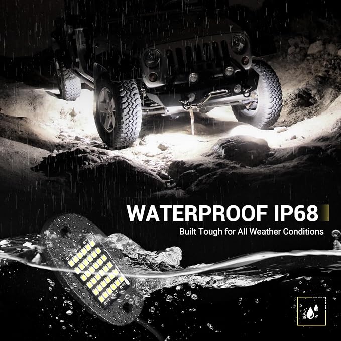 Hovano 4 Pods White Rock Lights 6000K Pure White 36 LEDs SMD Chips Super Bright Neon Underglow Light IP68 Waterproof for Pickup Trucks SUV UTV ATV RZR Car Boats (White)