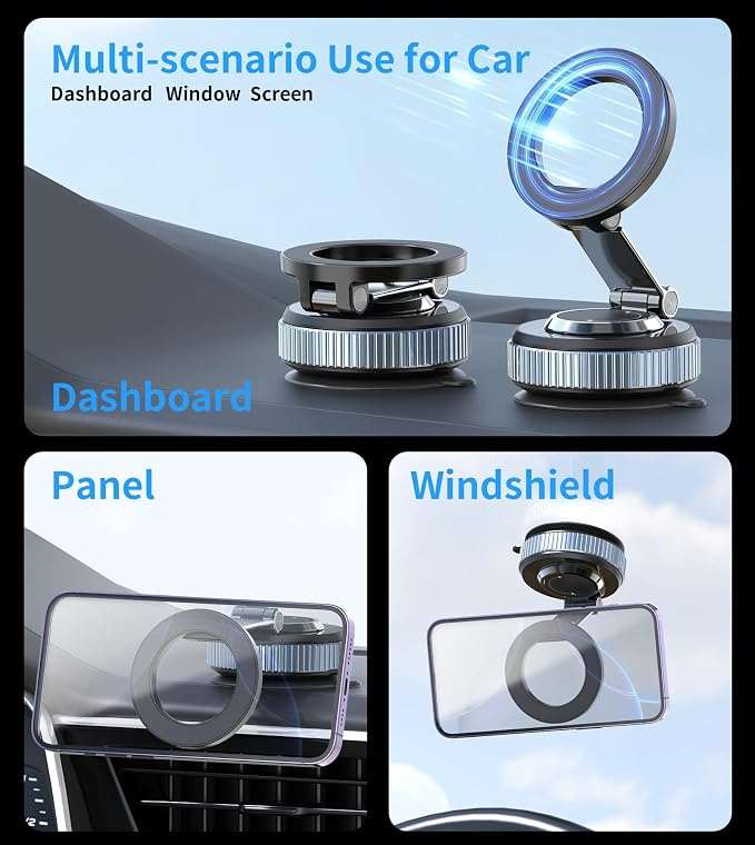 Gahenwo Vacuum Magnetic Car Phone Holder Stand,360° Adjustable Car Phone Mount for Magsafe with Suction Cup & Swivel Lock,Foldable Phone Holders for Your Car,Cell Phone Car Mount for iPhone & Android