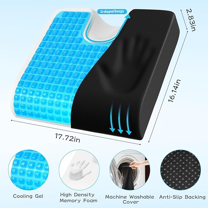 TranquilMoments Seat Cushion, Gel Wheelchair Seat Cushion,Ergonomic Chair Cushions for Office Chairs & Car, Relieve Sciatica, Back and Tailbone Pain, Removable Cover & Non - Slip Bottom, Black
