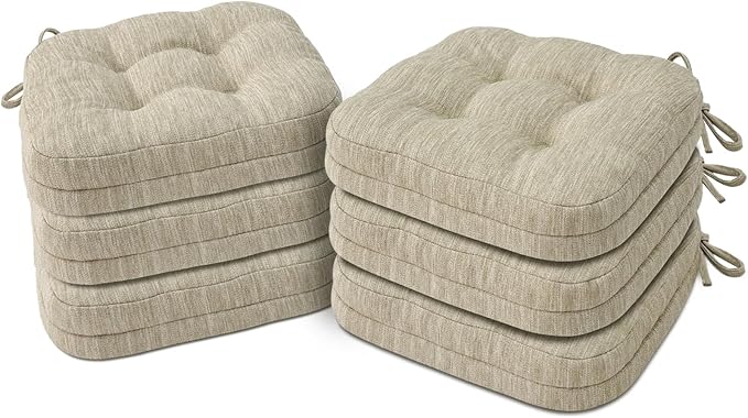 Shinnwa Dining Chair Cushions Set of 6, Dual-Layer Memory Foam Kitchen Chair Cushions, Patented Design Seat Pads with Ties, 16.5 x 16.5 x 3.5in, 6 Pack, Beige