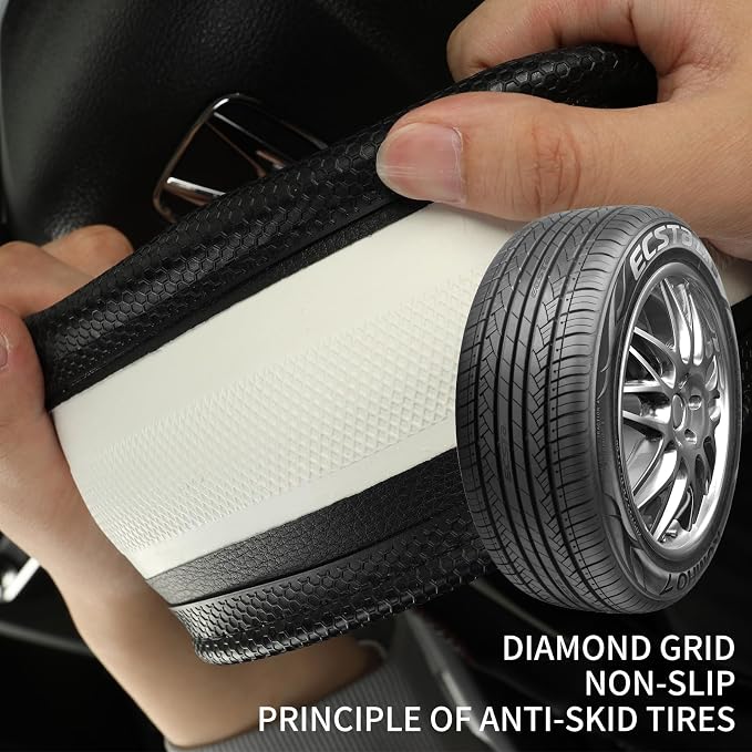 D Shaped Steering Wheel Cover Great Grip with 3D Honeycomb 14 inch | Anti-Slip Silicone Heavy-duty Microfiber Leather Sporty Design, Small 13.5 inch - 14 inch, All Black