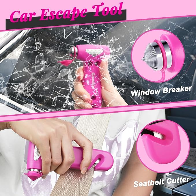 SINSEN Car Safety Hammer, Automotive Window Breaker and Seatbelt Cutter for Women, Roadside Emergency Kit, 3 in 1 Escape Tools, Road Trip Essential and Must Haves (1, Pink)