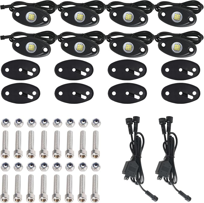 8pods White Rock Lights Dc 12v 6000k Aluminum Alloy Pure White Led Rock Lights with Switch Wiring Harness Kit Ip68 Waterproof for Trucks Pickup Off-Road Cars SUV Utv ATV Rv RZR Underglow Lights