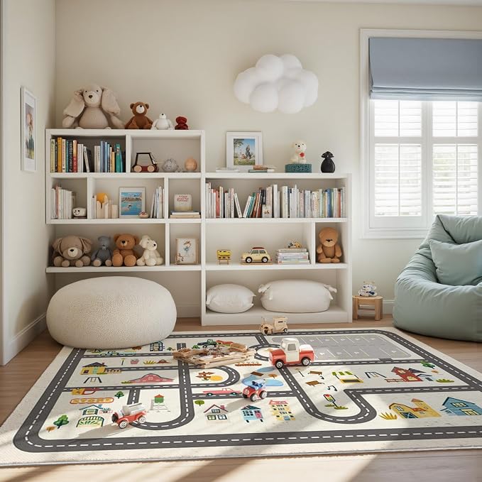 Nayoroom Kids Town Road Playroom Rug, Faux Wool Car Map, Non-Slip, 4 x 6 ft | Interactive town road map; Community scenes; Soft faux wool surface; Non-slip backing; Easy-care room accent