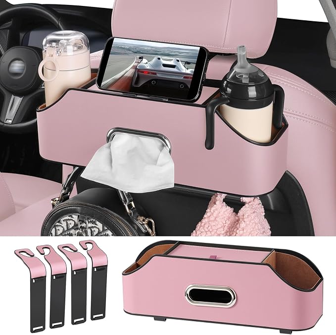 Car Rear Backseat Extra Multifunctional Drink Cup Holder Organizers with Tissue Storage Box Organizer & Hooks for Car Seat Back. Pink