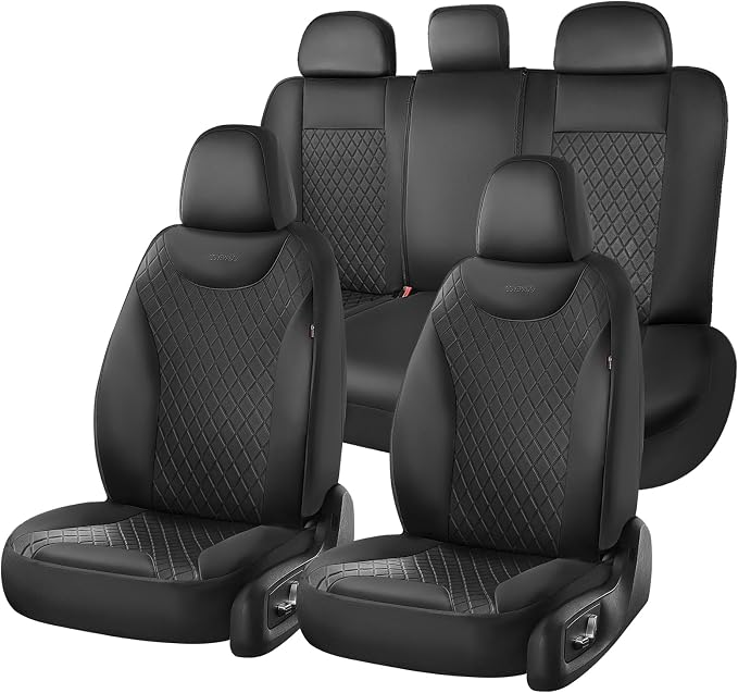 Coverado Seat Covers Full Set, 5 Seat Black Car Seat Covers, Leather Car Seat Protectors, Automotive Front and Back Seat Covers, Waterproof Car Seat Cushions Universal Fit for Most Sedan, SUV, Truck