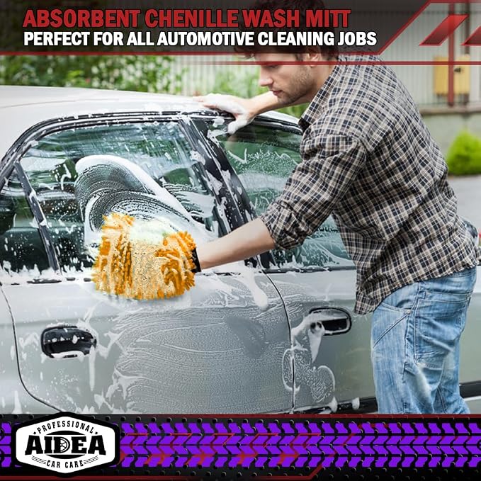 AIDEA Car Wash Mitt Microfiber, 2PK, Car Wash Brush, 7.12''X10.14'' | Scratch Free Lint-Free, Premium Chenille Microfiber Mitt, Cleaning Supplies, Regular Size, Orange