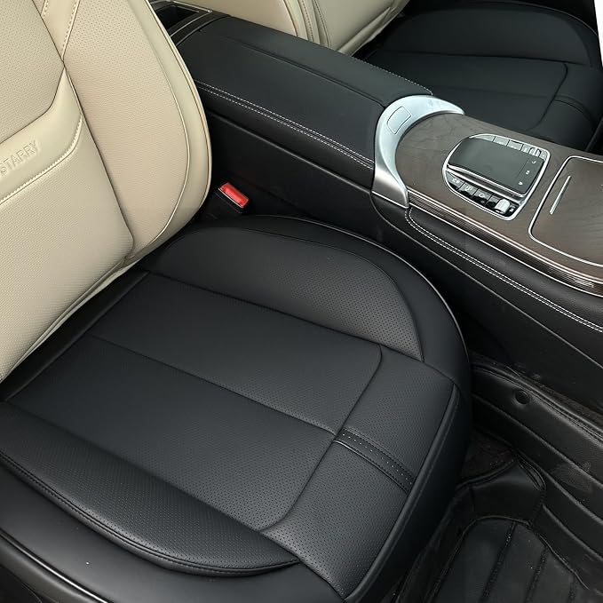 2 Pack Leather Front Car Seat Cover Bottom Only, Anti-Slip Padded Seat Cushion, Full Wrap Seat Protector with Storage Function Universal Fit for Most Cars, SUV, Pick-up Trucks (Black)