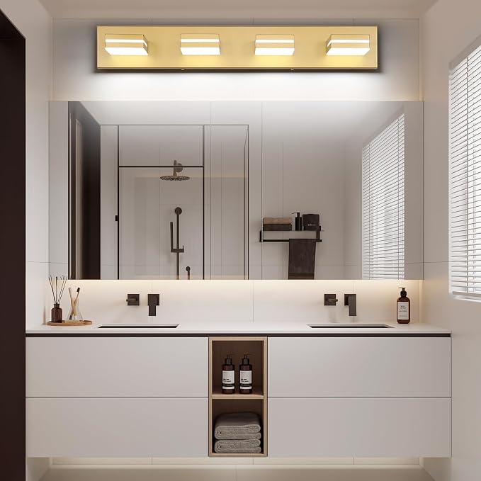 SineRise LED Modern Bathroom Vanity Light Fixtures (4-Light, 30-Inch), Matte Gold Modern Acrylic Bathroom Wall Lighting Fixtures Over Mirror (Cool White 6000K)