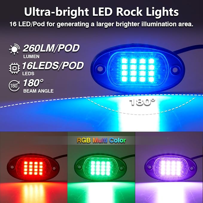 4 Pods RGB LED Rock Lights with Dual Zone Brake, Waterproof Multicolor Underglow Lights Kit for ATV UTV Golf Cart Trucks RZR SXS, Neon Underbody Light with App Remote Control Flashing Music Sync 12V