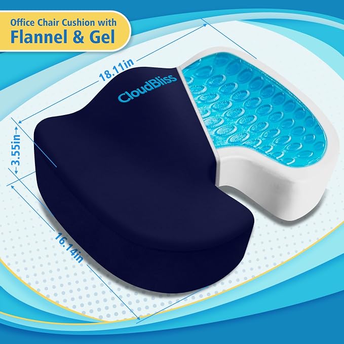 CloudBliss Gel Seat Cushion - Cooling Gel Enhanced, Memory Foam, Ergonomic Seat Cushion for Long Sitting for Office, Game, Car, Airplane (X-Large, Blue)