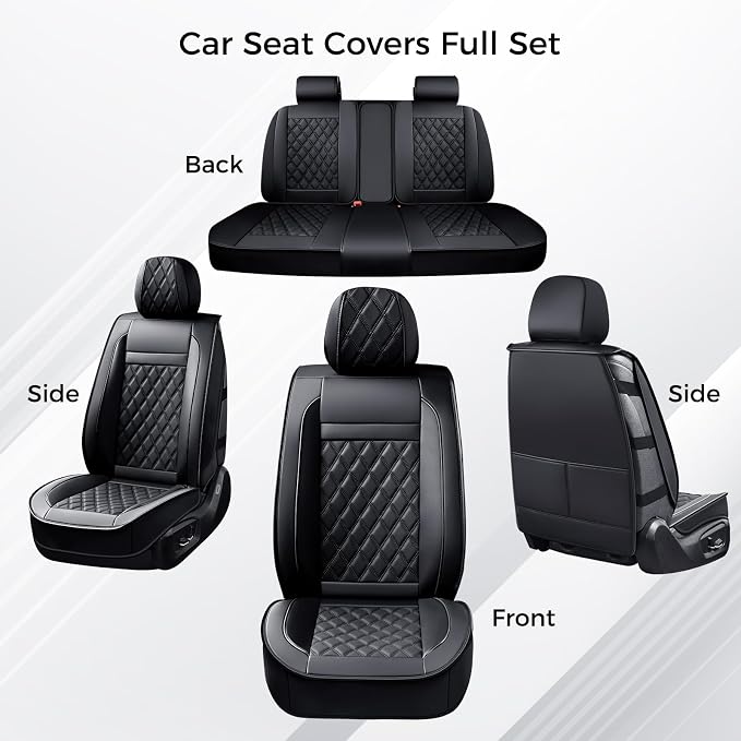 Huidasource Seat Covers Full Set, 5 Layers Full-Cover Leather Seat Cover Hollow Design Airbag Pops, Front & Back Seat, Seat Covers for Most Cars, Vans, Trucks, SUVs Universal Fit (Full Set/Black)